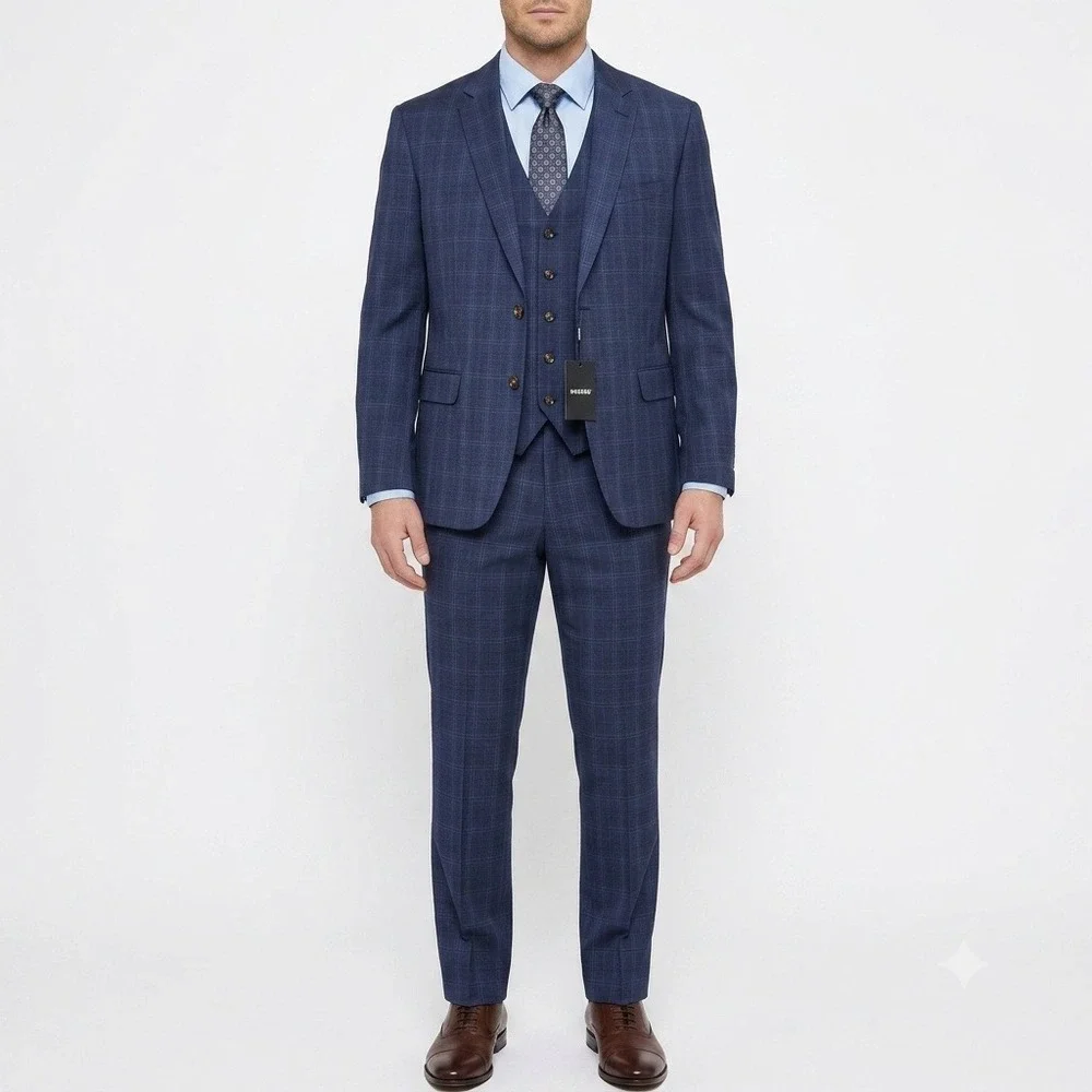 Murano Mens 3 Piece Suit 4XB Navy Blue Plaid Blazer Vest Pant Big Tall NWT 48x30